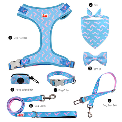Royal Pets 7 Pcs Set Pet Accessories Pet Harness, Leashes, Collars, Seat Belt, Bow Tie, Bandana & Poop Bag Holder