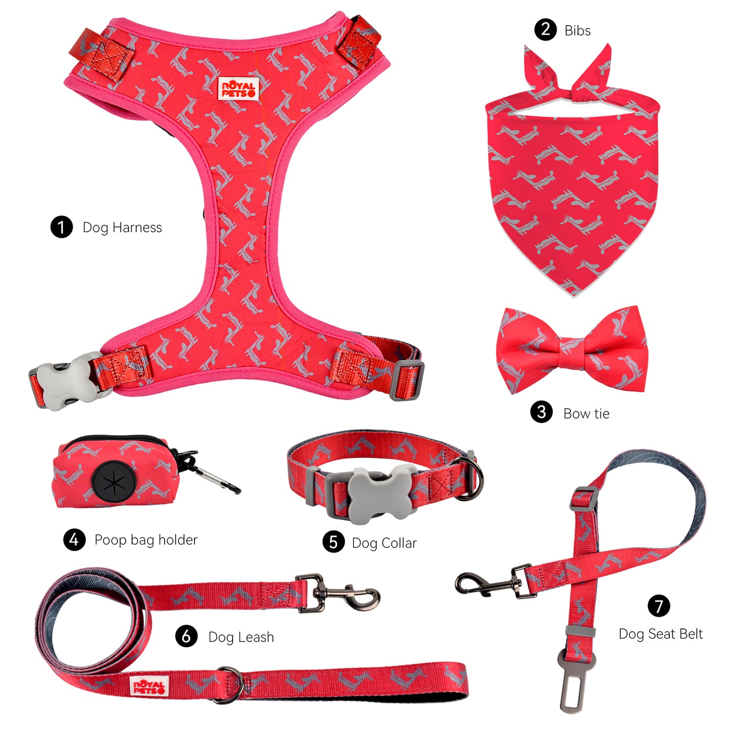 Royal Pets 7 Pcs Set Pet Accessories Pet Harness, Leashes, Collars, Seat Belt, Bow Tie, Bandana & Poop Bag Holder