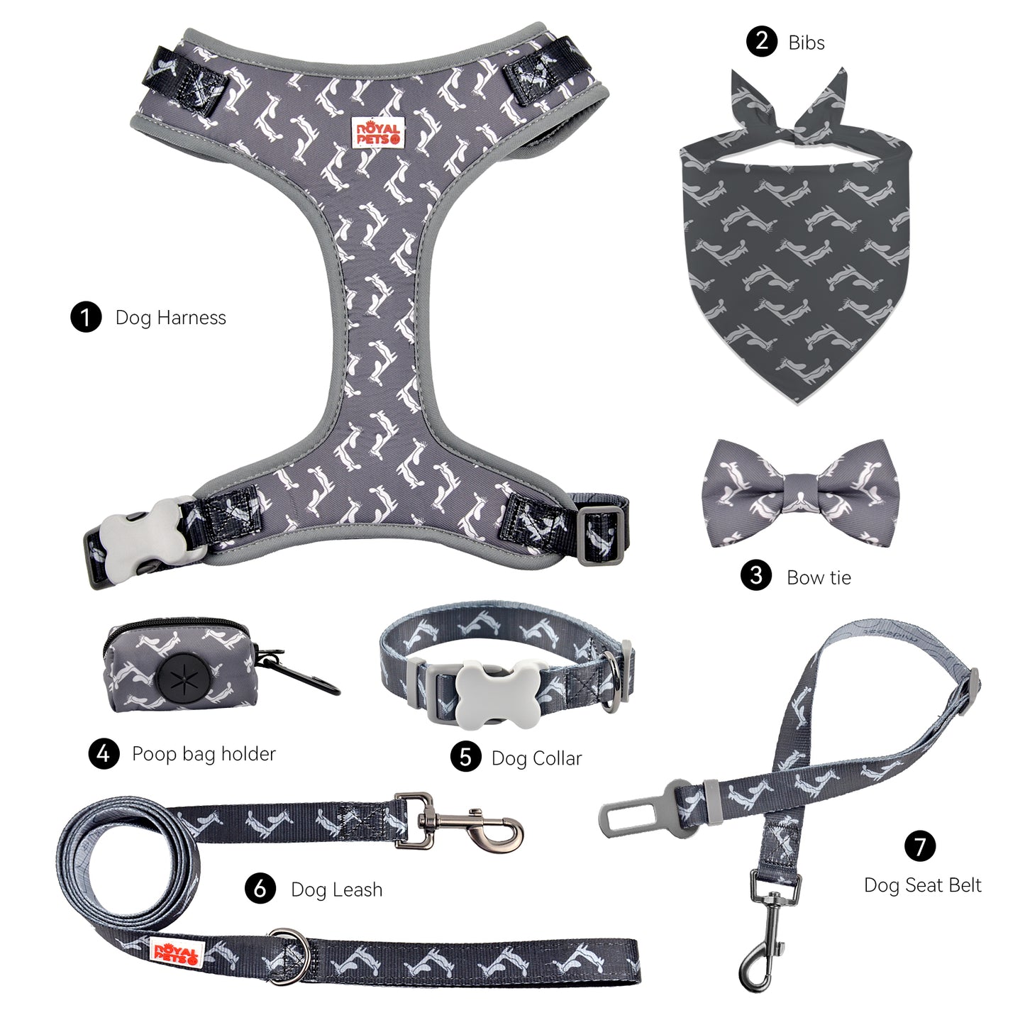 Royal Pets 7 Pcs Set Pet Accessories Pet Harness, Leashes, Collars, Seat Belt, Bow Tie, Bandana & Poop Bag Holder
