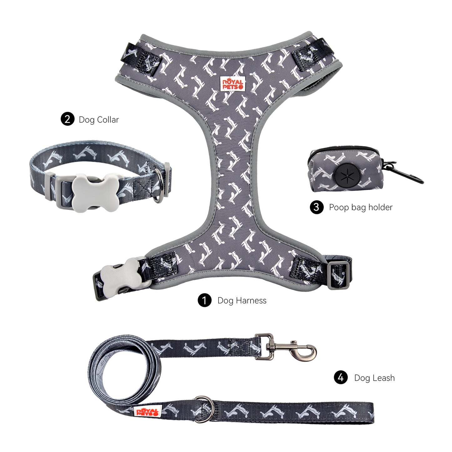 Royal Pets Pet Harness 4 Pcs Set with Leashes, Collars & Poop Bag Holder