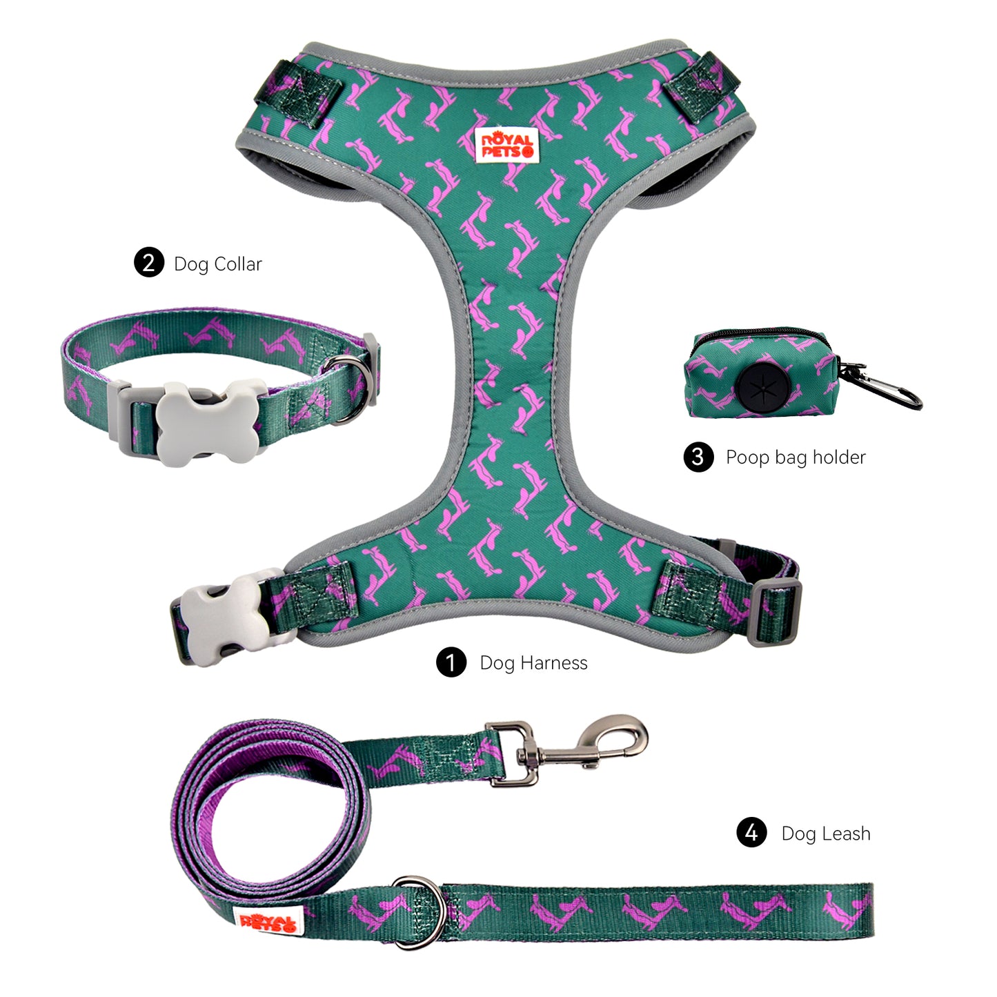 Royal Pets Pet Harness 4 Pcs Set with Leashes, Collars & Poop Bag Holder