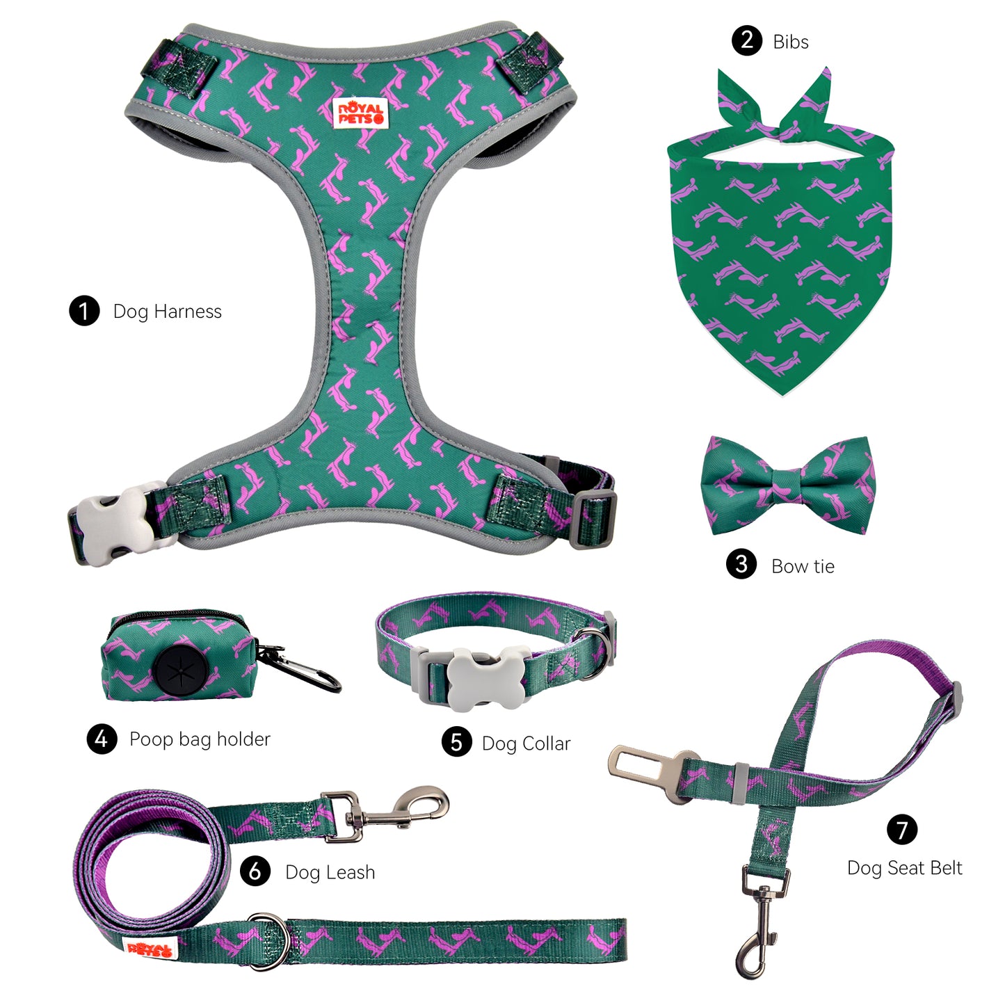 Royal Pets 7 Pcs Set Pet Accessories Pet Harness, Leashes, Collars, Seat Belt, Bow Tie, Bandana & Poop Bag Holder