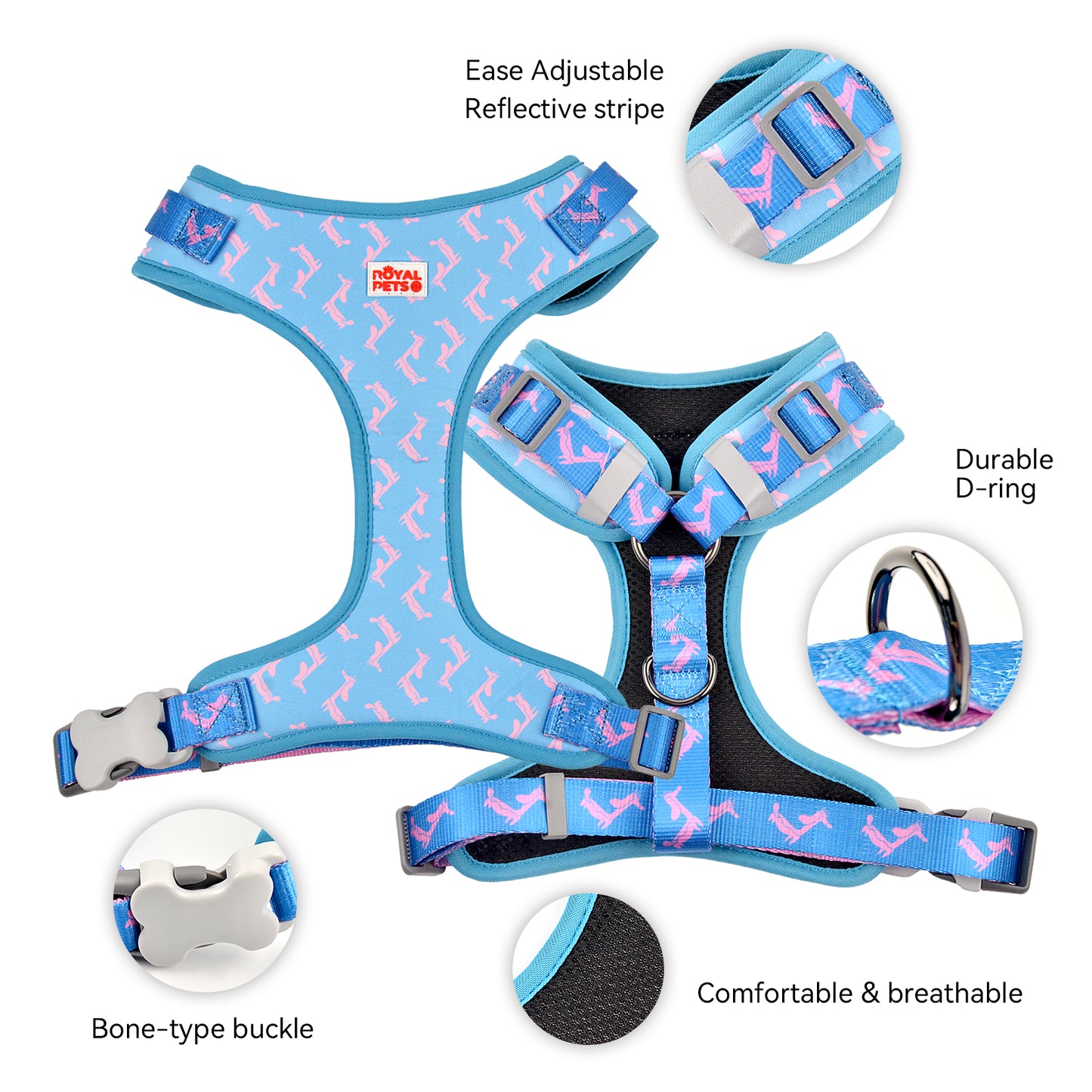 Royal Pets 7 Pcs Set Pet Accessories Pet Harness, Leashes, Collars, Seat Belt, Bow Tie, Bandana & Poop Bag Holder