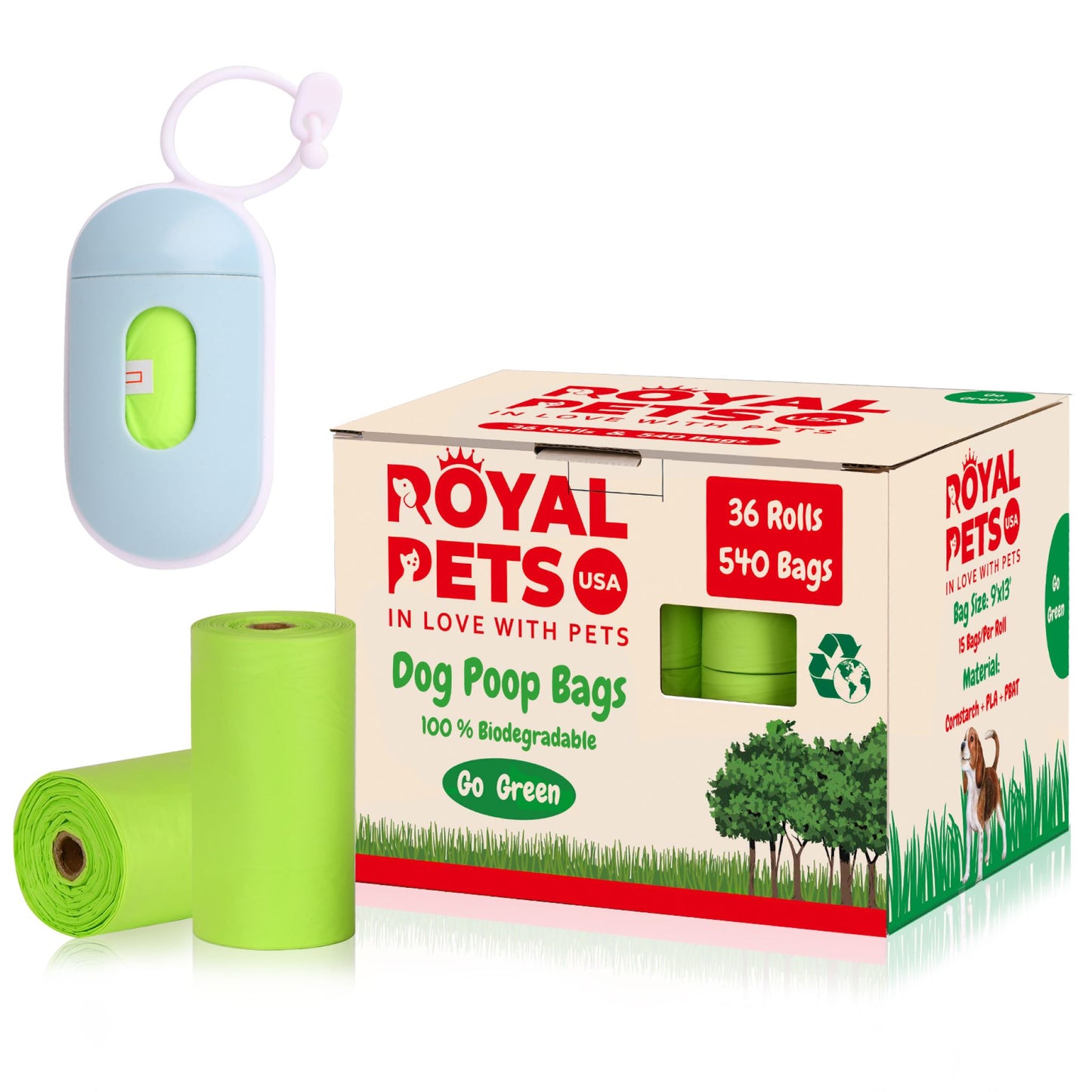 Royal Pets 540 poop bags /36 Rolls with dispenser 100% Biodegradable - SAVE EARTH Dog Poop Disposal Bags 36 Rolls-ASTM D6400 & EN 13432 CERTIFIED