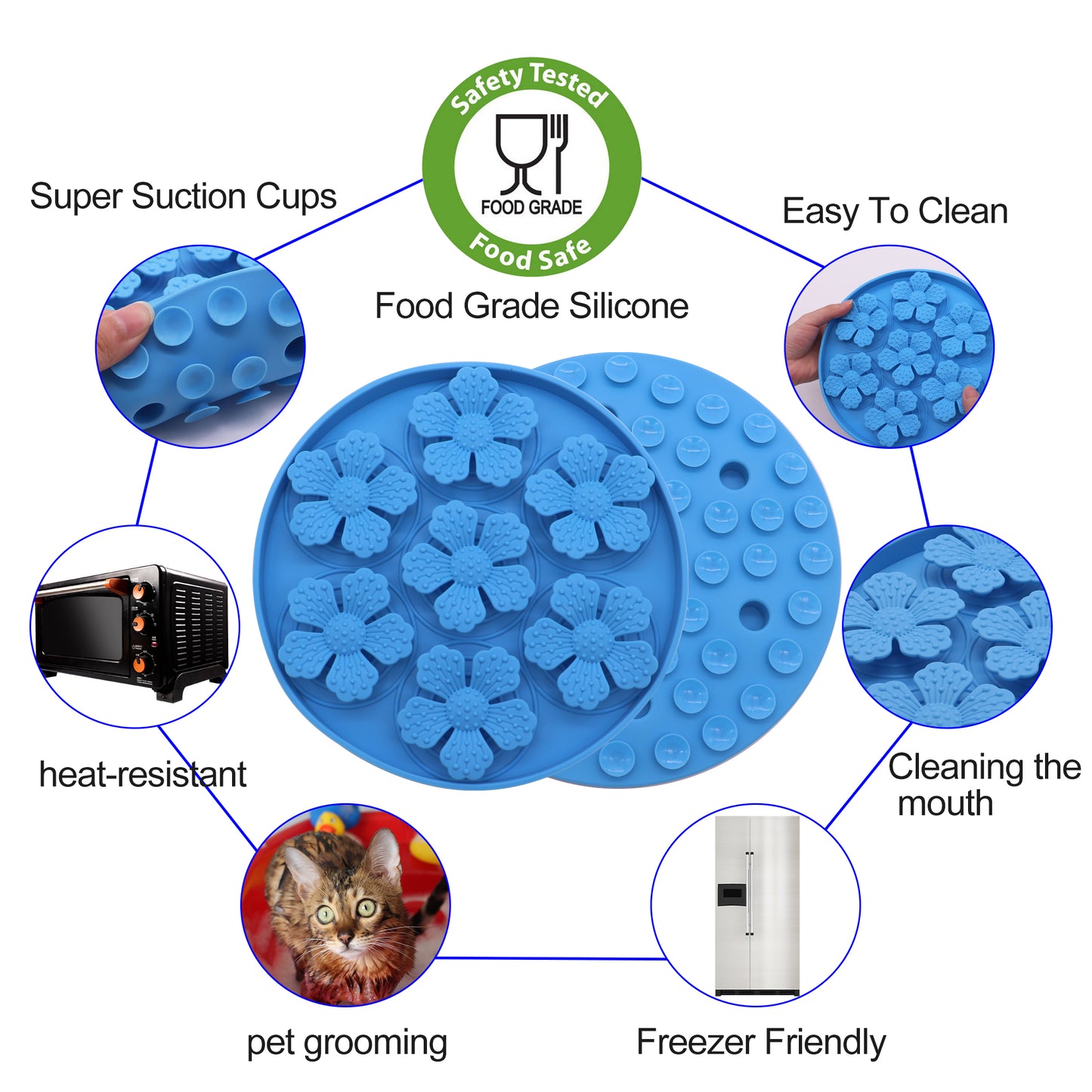 Royal Pets Silicone Pet Slow Feeding Lick Mat Round Blue- Food Grade Safety