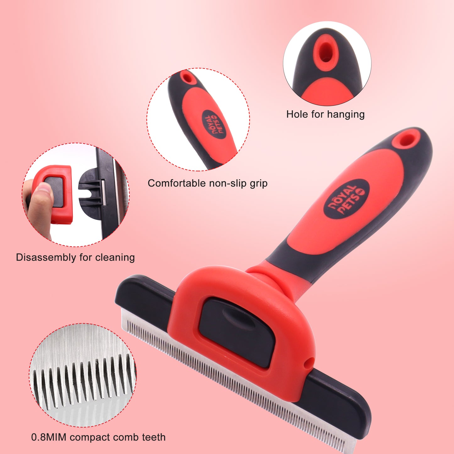 Royal Pets USA Professional Deshedding Brush 83 Teeths for Dogs and Cats with Short or Long Hair Effectively Removes Dead Hair and Untangles Up To 95%. Detachable Head for Easy Cleaning. (Slim Handle)