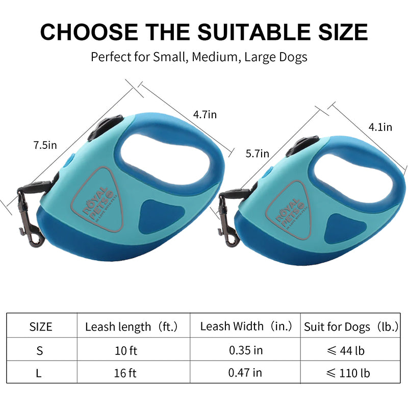Royal Pets USA Retractable Dog Leash with Strong LED Flash-Light, Anti-Lock Mechanism, Tangle Free, Anti-Slip Comfort Grip, Dog Safety Walking Leash for Small, Medium & Large Breed (Blue, 16 Ft)