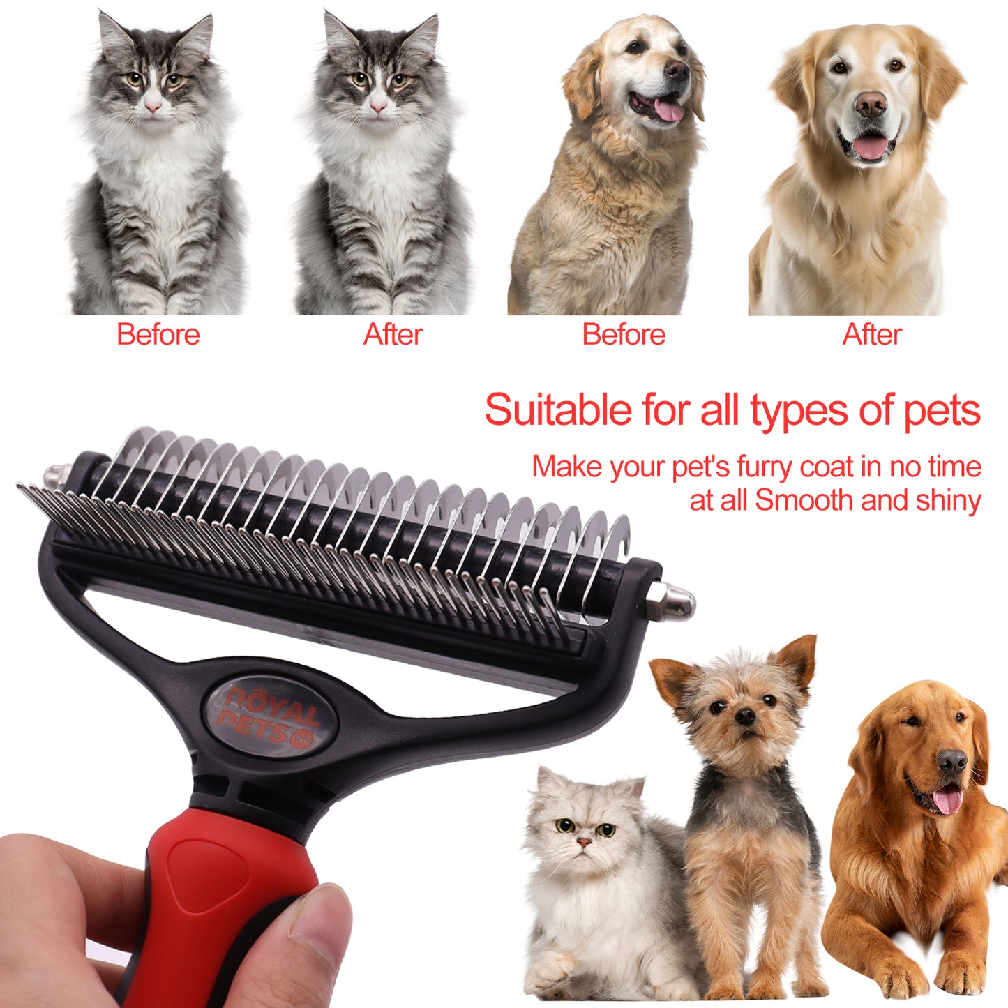 Royal Pets USA Pet Grooming Brush 2-in-1 Dematting & Comb Set Undercoat Rake for Dogs and Cats, New Design, Life-Time Guarantee, Extra Wide Dog & Cats Grooming Brush for Small to Large Breed (Large)