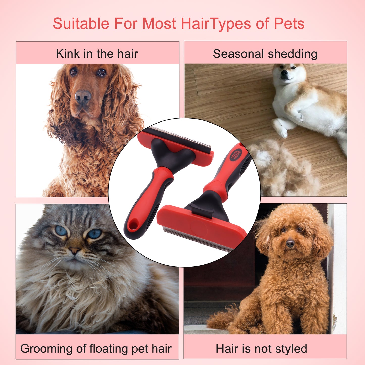 Royal Pets Easy Cleaning Pet Deshedding Rake Red