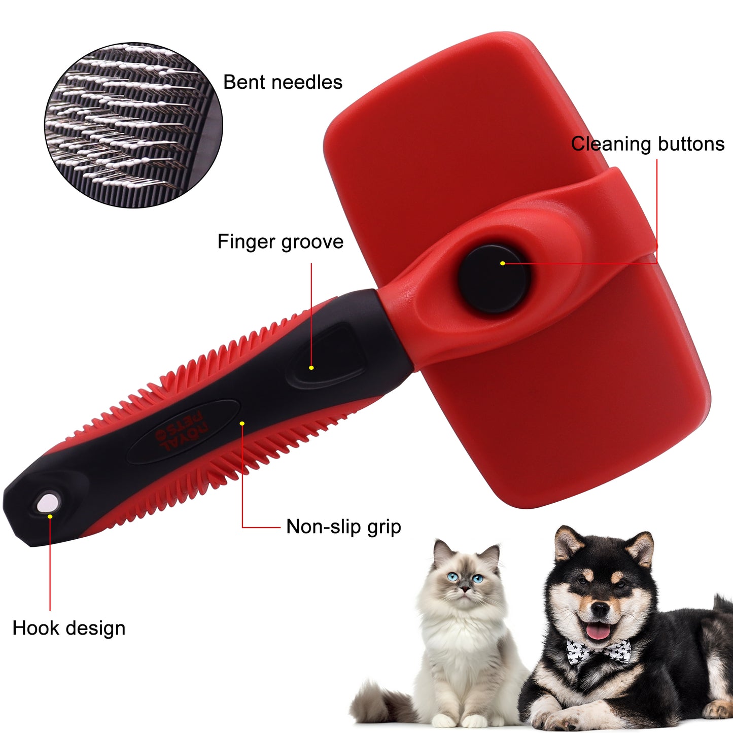 Royal Pets USA Self Cleaning Slicker Pet Brush Grooming and Shedding, Bent Ball Head SS Needles for all Size Dog or Cat - Gently Remove Loose Tangling knot Undercoat Fur Mats -Short to Long Hair.