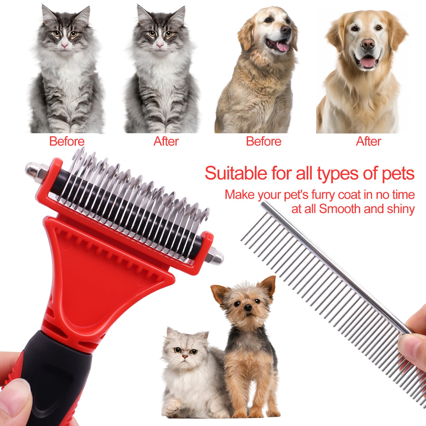 Royal Pets USA Grooming Tool - Professional Double-Sided Undercoat Rake & Extra Wide Grooming Comb, Dual Pack For Dogs & Cats for Shedding Detangling Matted and Knotted Undercoat Hair (Small)