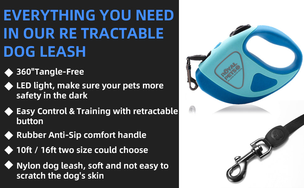 Royal Pets USA Retractable Dog Leash with Strong LED Flash-Light, Anti-Lock Mechanism, Tangle Free, Anti-Slip Comfort Grip, Dog Safety Walking Leash for Small, Medium & Large Breed (Blue, 16 Ft)