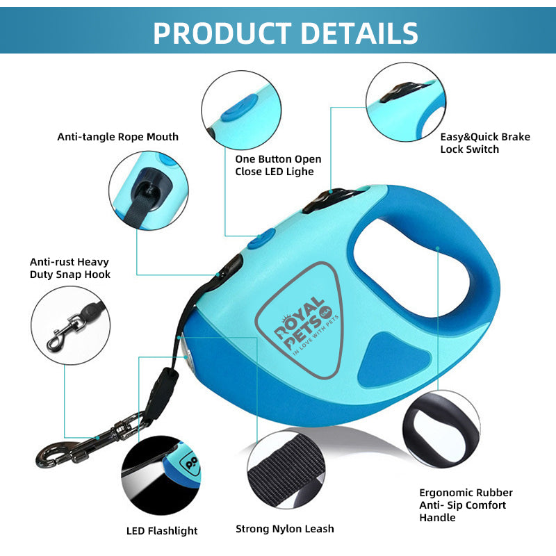Royal Pets USA Retractable Dog Leash with Strong LED Flash-Light, Anti-Lock Mechanism, Tangle Free, Anti-Slip Comfort Grip, Dog Safety Walking Leash for Small, Medium & Large Breed (Blue, 16 Ft)