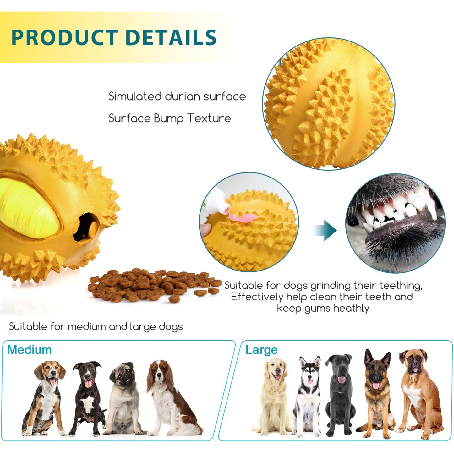 ROYAL PETS USA Indestructible, Durable & Tough Durian Dog Chew Toy for Aggressive Chewers. Slow Treat Dispensing Interactive Toys for S, M & L Breed - 100% NATURAL RUBBER -10000 BITES TESTED - UNIQUE DESIGN FOR ORAL CARE