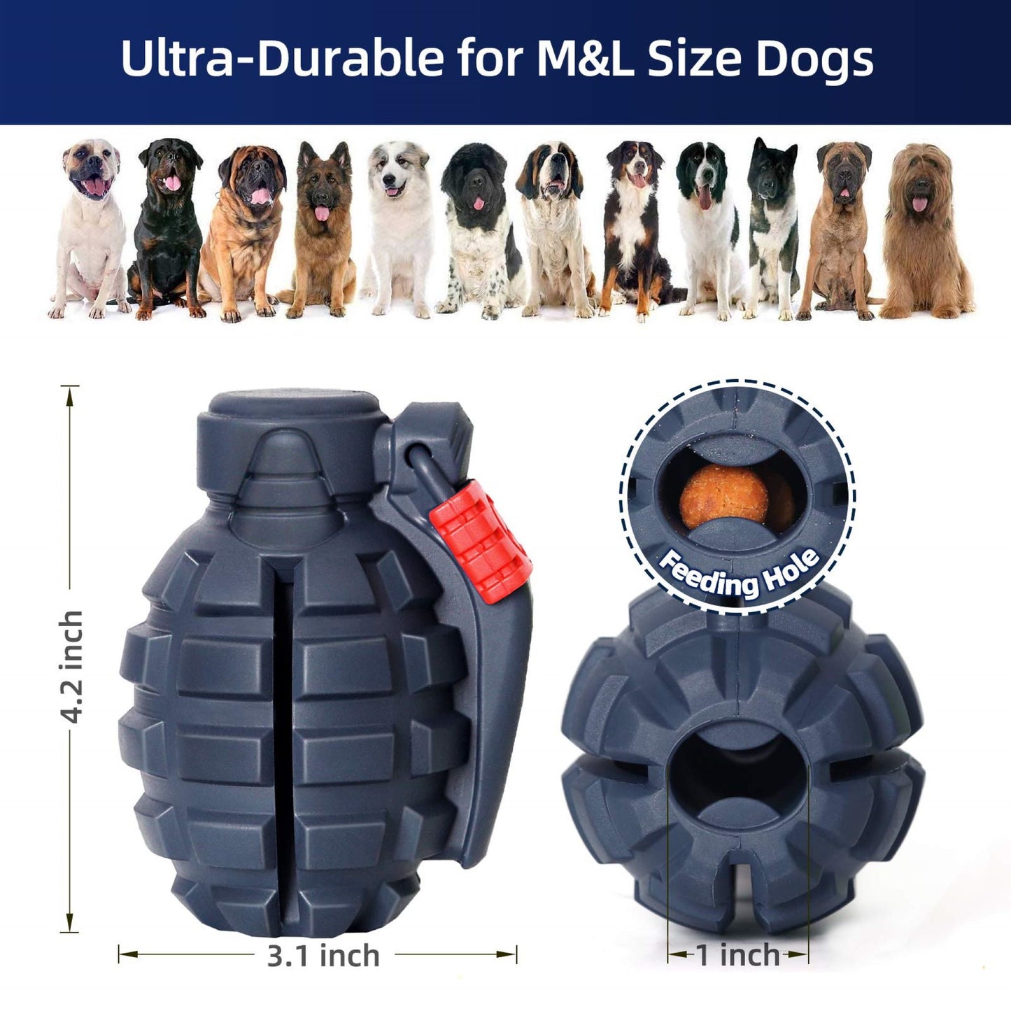 ROYAL PETS USA Indestructible, Durable & Tough Grenade Dog Chew Toy for Aggressive Chewers. Slow Treat Dispensing Interactive Toys for S, M & L Breed- 100% NATURAL RUBBER -10000 BITES TESTED - UNIQUE DESIGN FOR ORAL CARE