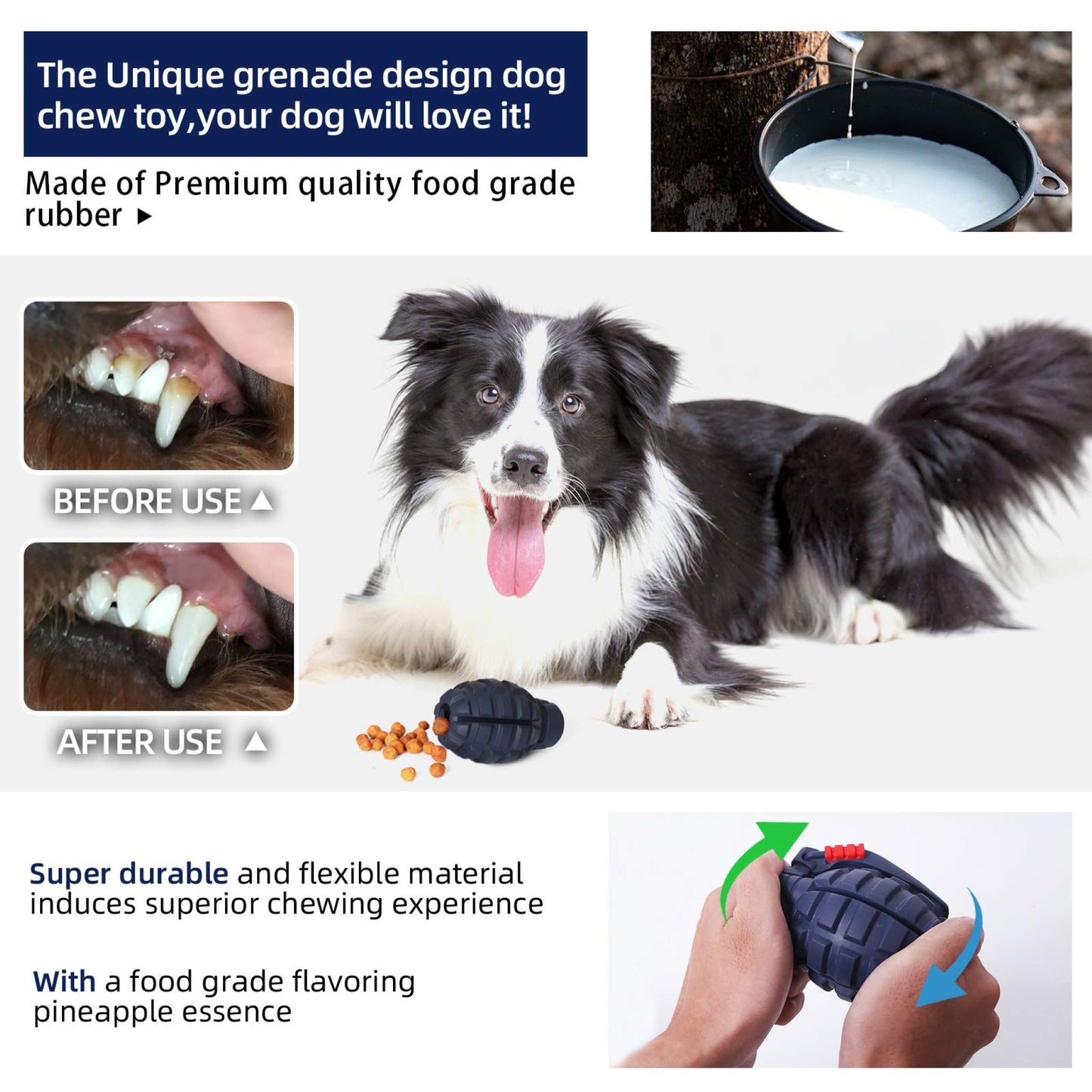 ROYAL PETS USA Indestructible, Durable & Tough Grenade Dog Chew Toy for Aggressive Chewers. Slow Treat Dispensing Interactive Toys for S, M & L Breed- 100% NATURAL RUBBER -10000 BITES TESTED - UNIQUE DESIGN FOR ORAL CARE
