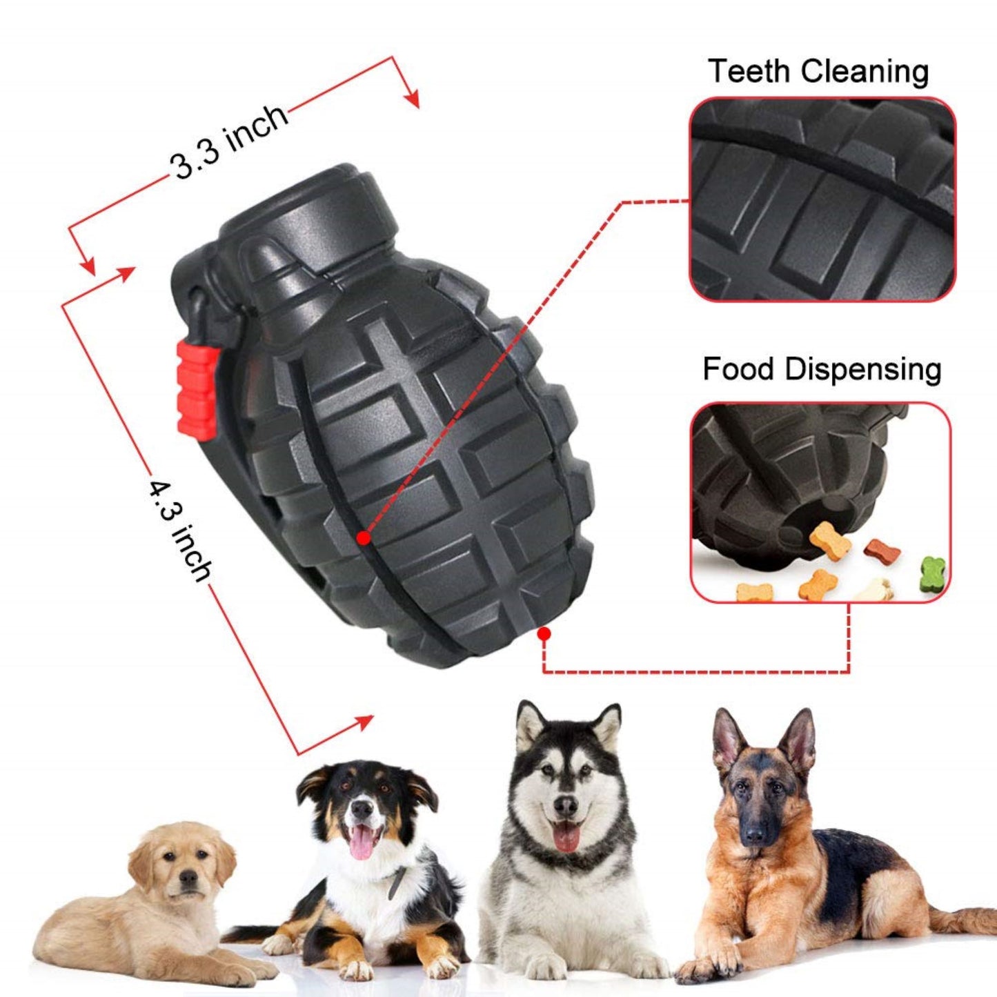ROYAL PETS USA Indestructible, Durable & Tough Grenade Dog Chew Toy for Aggressive Chewers. Slow Treat Dispensing Interactive Toys for S, M & L Breed- 100% NATURAL RUBBER -10000 BITES TESTED - UNIQUE DESIGN FOR ORAL CARE