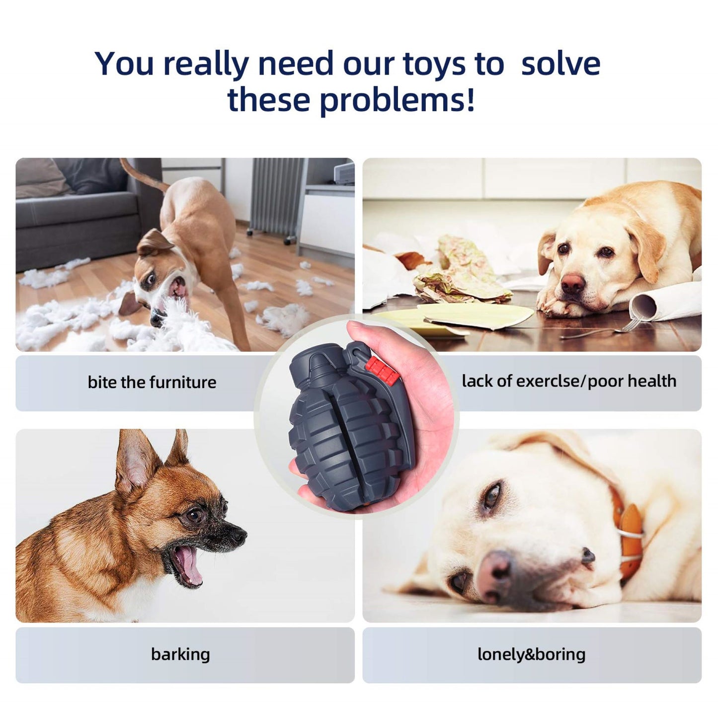 ROYAL PETS USA Indestructible, Durable & Tough Grenade Dog Chew Toy for Aggressive Chewers. Slow Treat Dispensing Interactive Toys for S, M & L Breed- 100% NATURAL RUBBER -10000 BITES TESTED - UNIQUE DESIGN FOR ORAL CARE