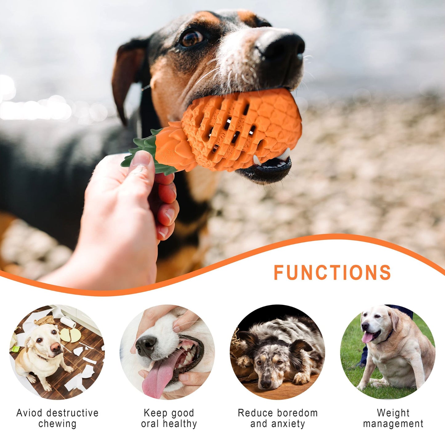 Royal Pets USA Indestructible, Durable & Tough Pineapple Dog Chew Toy for Aggressive Chewers, Slow Treat Dispensing Interactive Toys for S,M & L Breed - 100% NATURAL RUBBER -10000 BITES TESTED - UNIQUE DESIGN FOR ORAL CARE