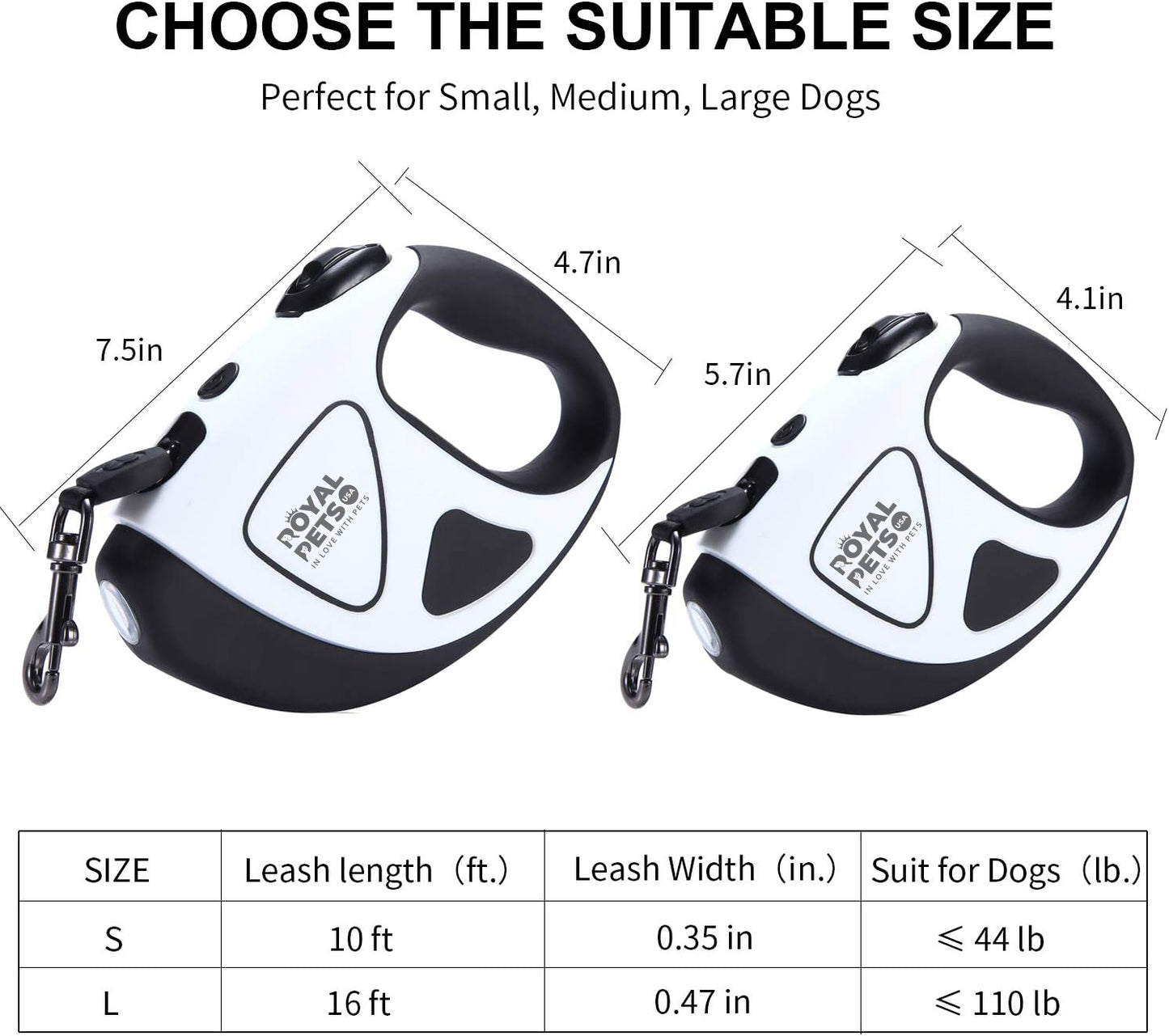 Royal Pets USA Retractable Dog Leash with Strong LED Flash-Light, Anti-Lock Mechanism, Tangle Free, Anti-Slip Comfort Grip, Dog Safety Walking Leash for Small, Medium & Large Breed (Black, 16 Ft)