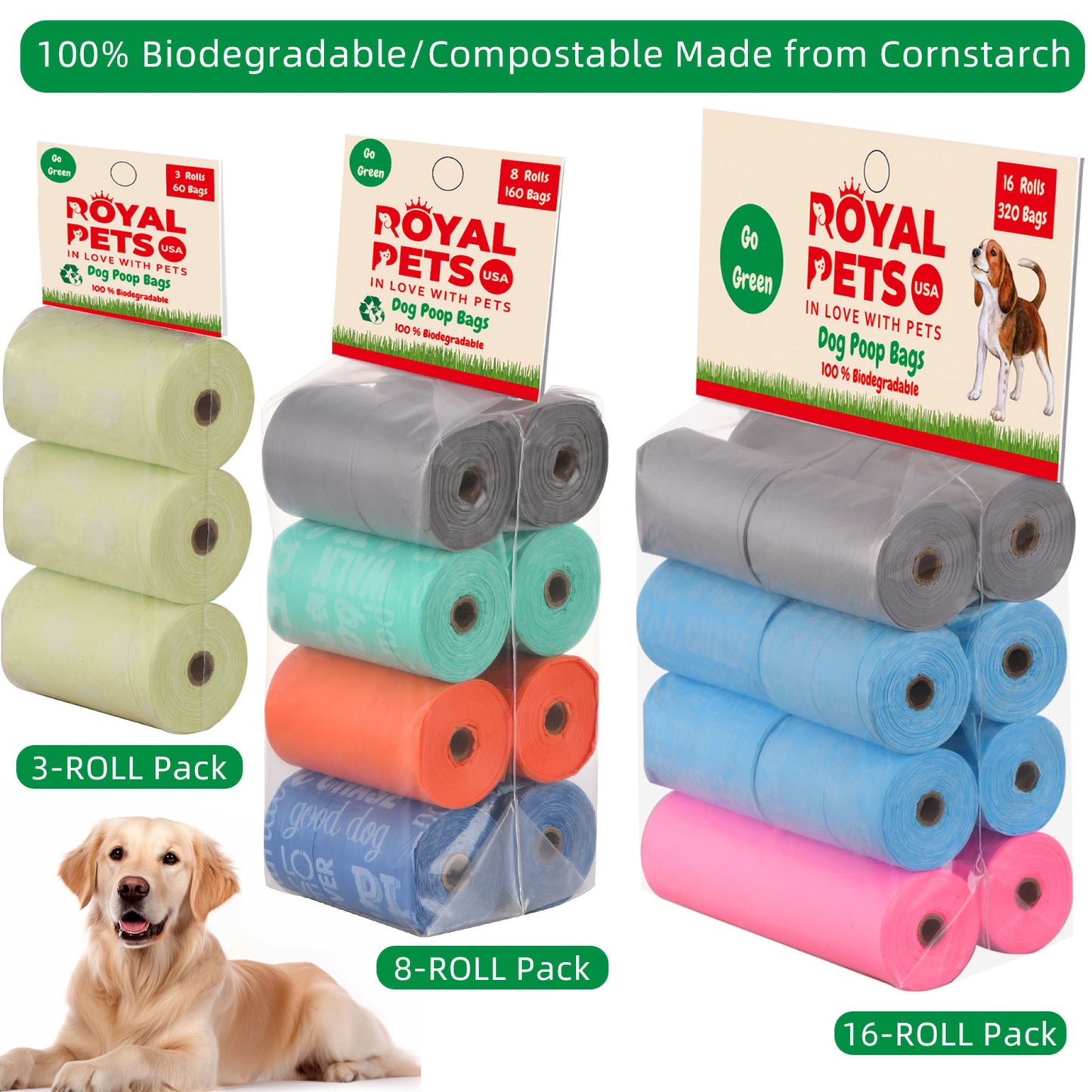 ROYAL PETS USA Poo Bags Eco-Friendly and Reliable. Made from 100% Biodegradable - SAVE EARTH, which Decompose Naturally, Minimizing Pollution. Heavy Duty & Tear Resistant - No more Landfills - ASTM D6400 & EN 13432 CERTIFIED